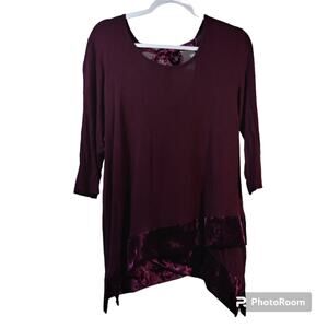 Pebble & Stone Wine Holiday Mixed Media Top Asymmetrical Velvet Trim Size Small